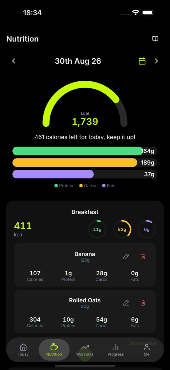 Go Gym Nutrition screen with logged meals and macro totals