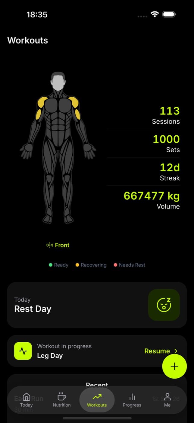 Go Gym Workouts screen with planned sessions and training history