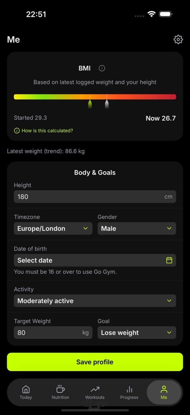 Go Gym Me screen with weekly progress reports